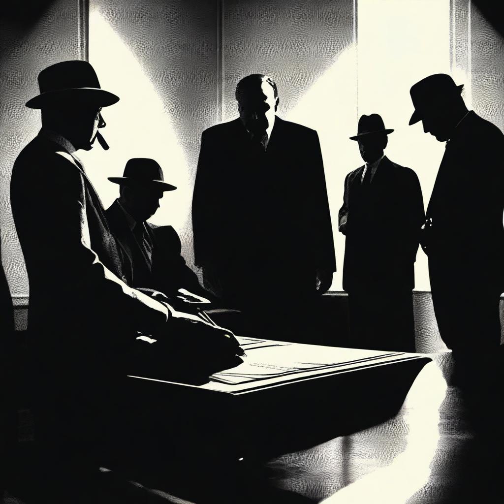 A dramatic scene where a person is signing a document under the watchful eyes of mafia members, whose faces are hidden in shadows