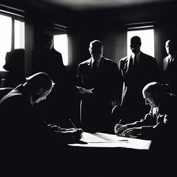 A dramatic scene where a person is signing a document under the watchful eyes of mafia members, whose faces are hidden in shadows