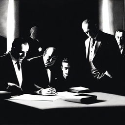 A dramatic scene where a person is signing a document under the watchful eyes of mafia members, whose faces are hidden in shadows