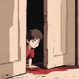 For an adult fiction book: In a dark, threatening environment, a young boy peeps through a narrow crack in a door that doesn't properly close on the latch