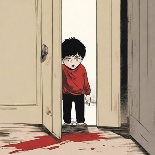 For an adult fiction book: In a dark, threatening environment, a young boy peeps through a narrow crack in a door that doesn't properly close on the latch