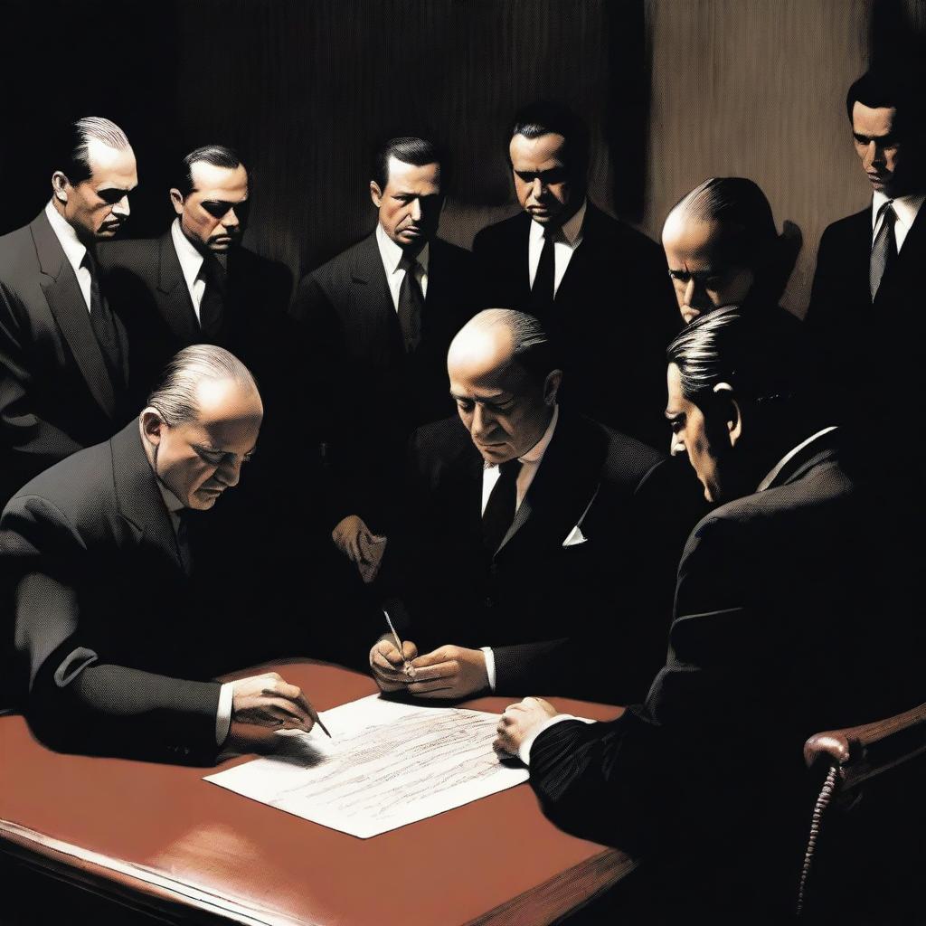 A tense scene where a person is signing a document under the watchful eyes of mafia members, whose faces are not visible