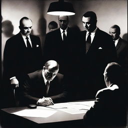 A tense scene where a person is signing a document under the watchful eyes of mafia members, whose faces are not visible