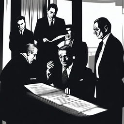 A tense scene where a person is signing a document under the watchful eyes of mafia members, whose faces are not visible