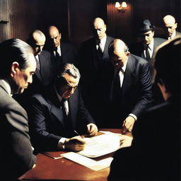 A tense scene where a person is signing a document under the watchful eyes of mafia members, whose faces are not visible