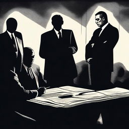 A mysterious scene where a person is signing a document under the watchful eyes of unknown figures, possibly mafia members