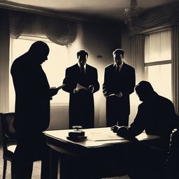 A mysterious scene where a person is signing a document under the watchful eyes of unknown figures, possibly mafia members