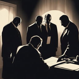 A mysterious scene where a person is signing a document under the watchful eyes of unknown figures, possibly mafia members