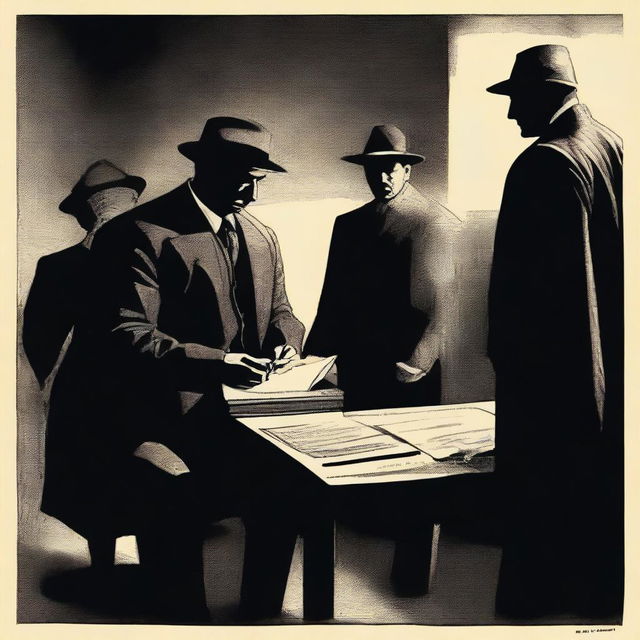 A mysterious scene where a person is signing a document under the watchful eyes of unknown figures, possibly mafia members