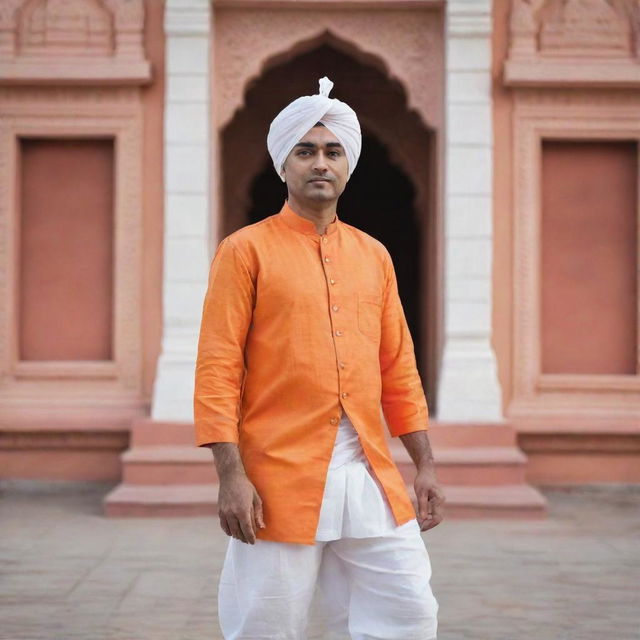 A traditional Hindu man wearing an orange Kurta, white dhoti, and a turban, standing in front of a beautiful Indian temple.