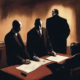 A realistic and mysterious scene where a person is signing a document under the watchful eyes of unknown figures, possibly mafia members