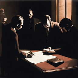 A realistic and mysterious scene where a person is signing a document under the watchful eyes of unknown figures, possibly mafia members