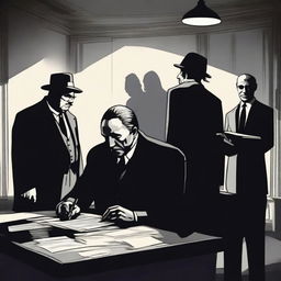 A realistic and mysterious scene where a person is signing a document under the watchful eyes of unknown figures, possibly mafia members