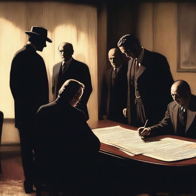 A realistic and mysterious scene where a person is signing a document under the watchful eyes of unknown figures, possibly mafia members