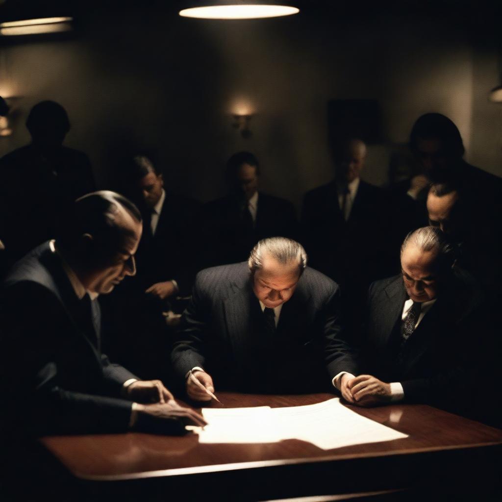 A cinematic scene where a person is signing a document under the watchful eyes of unknown mafia members