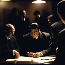 A cinematic scene where a person is signing a document under the watchful eyes of unknown mafia members