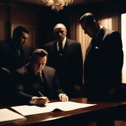 A cinematic scene where a person is signing a document under the watchful eyes of unknown mafia members