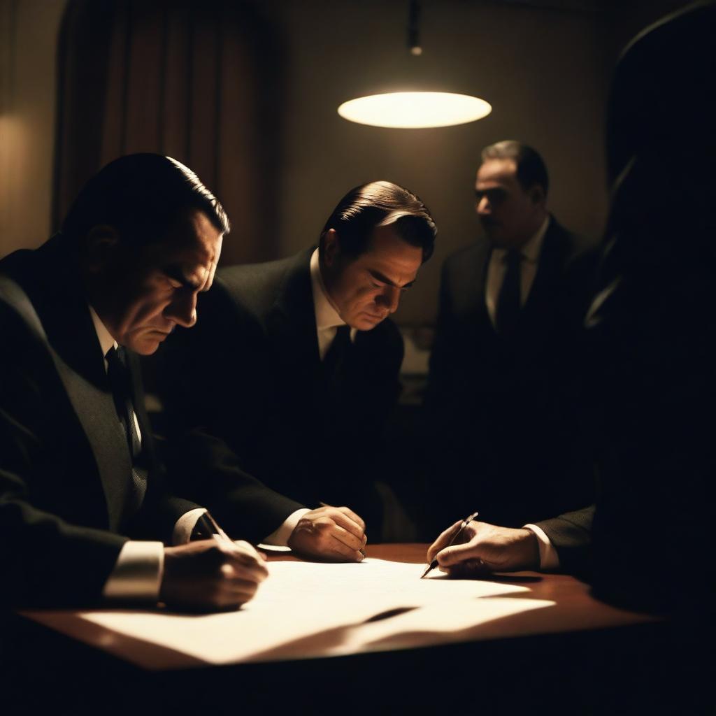 A cinematic scene where a person is signing a document under the watchful eyes of unknown mafia members