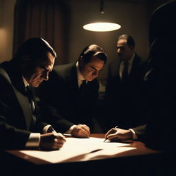 A cinematic scene where a person is signing a document under the watchful eyes of unknown mafia members