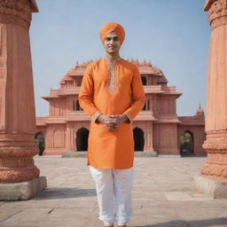 A traditional Hindu man wearing an orange Kurta, white dhoti, and a turban, standing in front of a beautiful Indian temple.