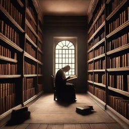 A solitary book keeper in a quiet, dimly lit library surrounded by towering shelves of ancient books