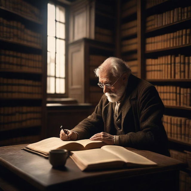 A solitary book keeper in a quiet, dimly lit library surrounded by towering shelves of ancient books