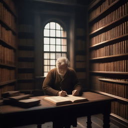 A solitary book keeper in a quiet, dimly lit library surrounded by towering shelves of ancient books