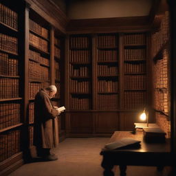 A solitary book keeper in a quiet, dimly lit library surrounded by towering shelves of ancient books