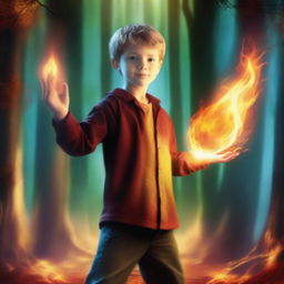 A young boy with the power of fire, standing confidently with flames dancing around his hands