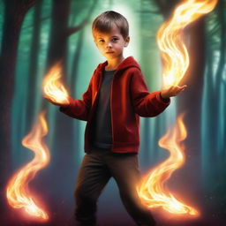 A young boy with the power of fire, standing confidently with flames dancing around his hands