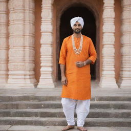 A traditional Hindu man wearing an orange Kurta, white dhoti, and a turban, standing in front of a beautiful Indian temple.