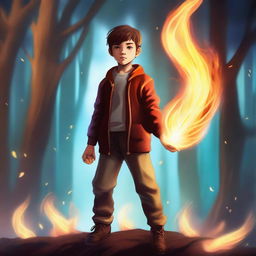 A young boy with the power of fire, standing confidently with flames dancing around his hands