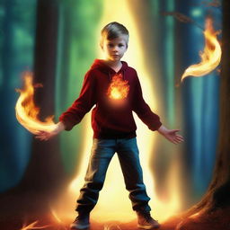 A young boy with the power of fire, standing confidently with flames dancing around his hands