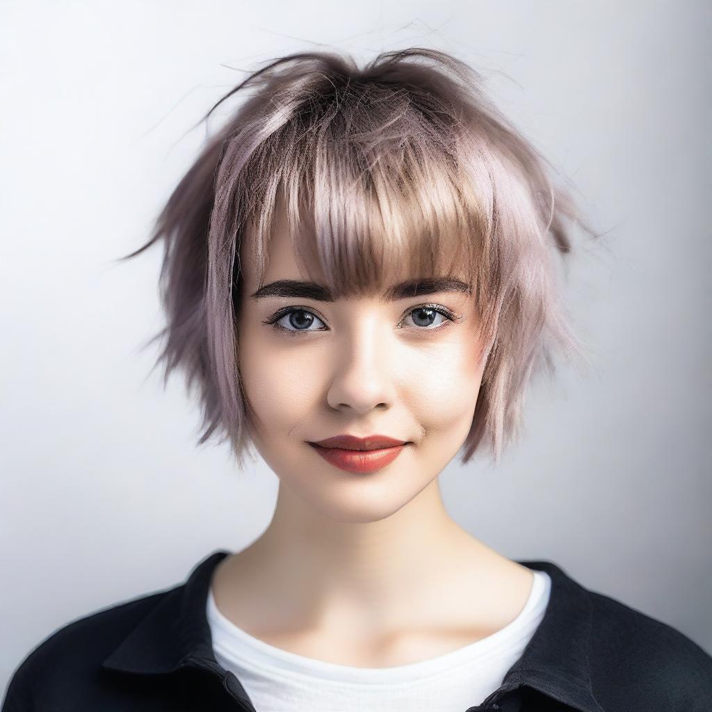 A young woman with a random modern haircut, showcasing a trendy and stylish look