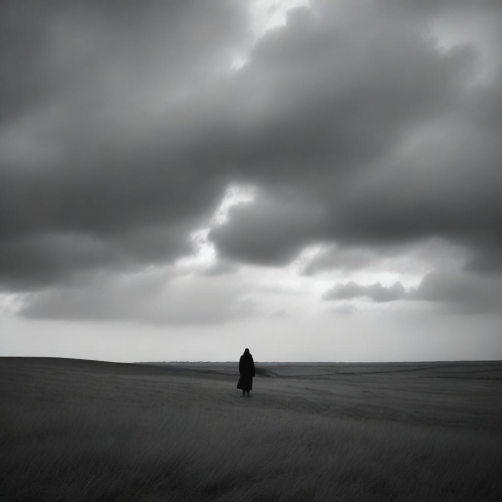 A lone figure standing in a vast, open field under a cloudy sky