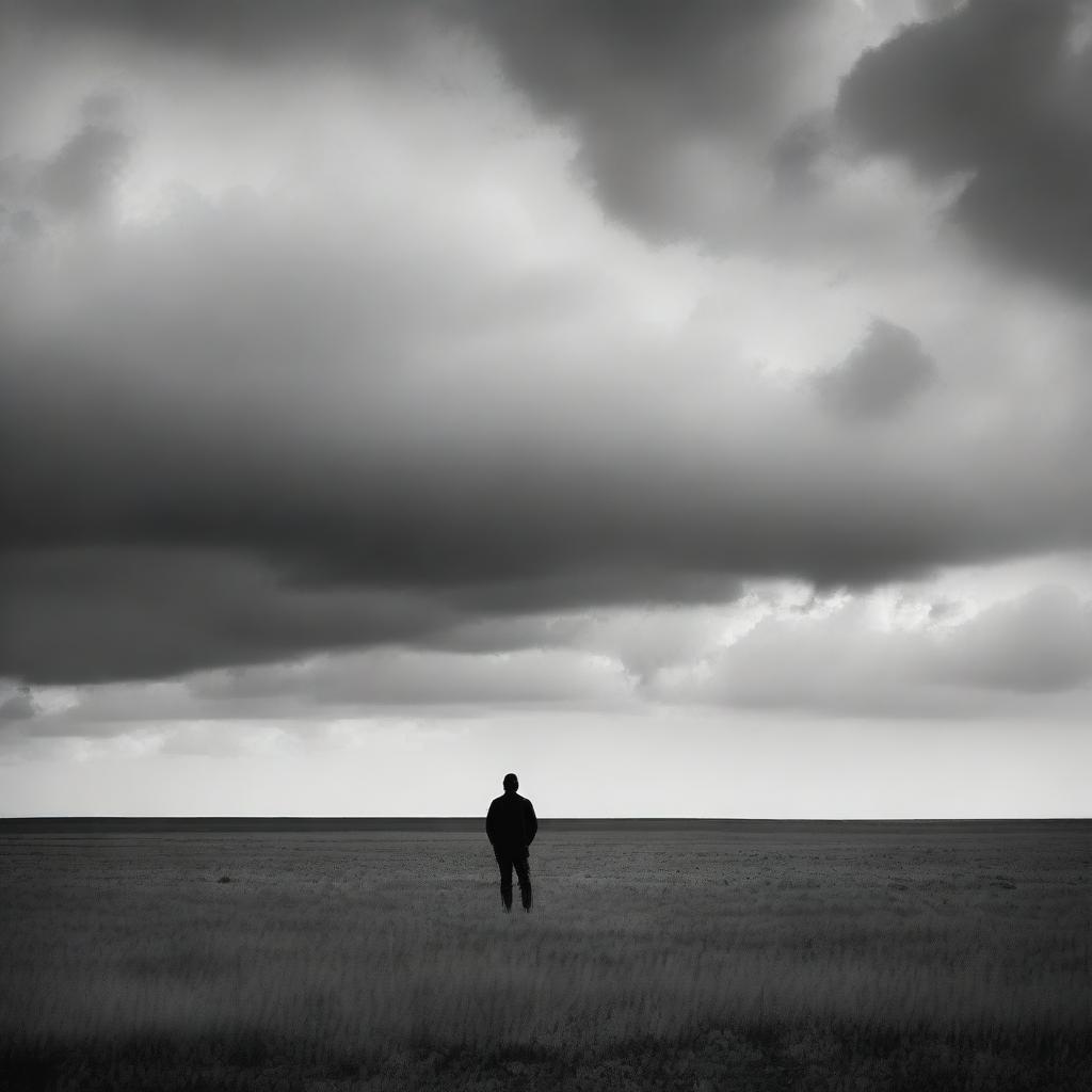 A lone figure standing in a vast, open field under a cloudy sky