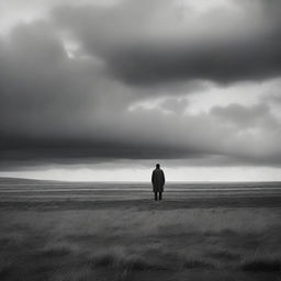 A lone figure standing in a vast, open field under a cloudy sky