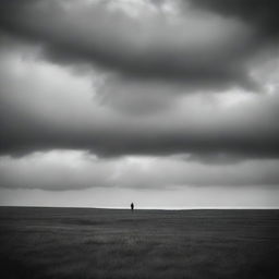 A lone figure standing in a vast, open field under a cloudy sky