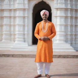 A traditional Hindu man wearing an orange Kurta, white dhoti, and a turban, standing in front of a beautiful Indian temple.