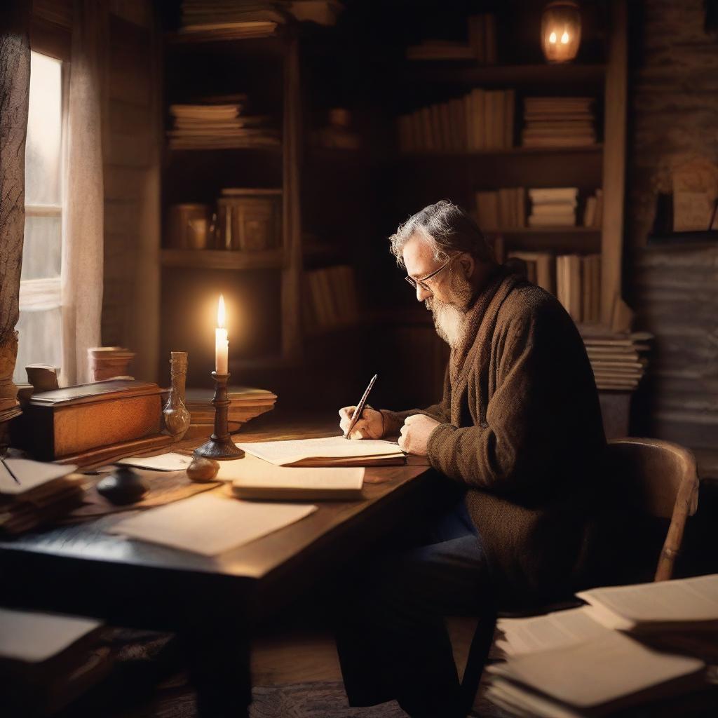 A lone writer sitting at an antique wooden desk in a cozy, candle-lit room