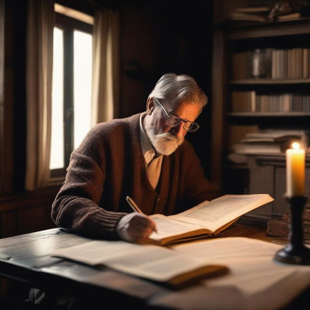 A lone writer sitting at an antique wooden desk in a cozy, candle-lit room