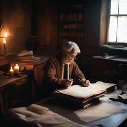 A lone writer sitting at an antique wooden desk in a cozy, candle-lit room