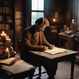 A lone writer sitting at an antique wooden desk in a cozy, candle-lit room