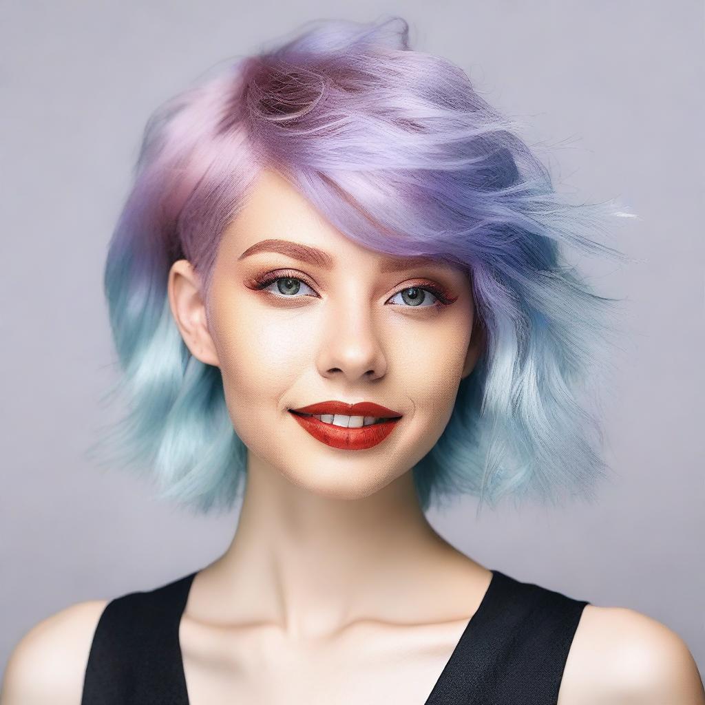 A young woman with a random haircut and any hair color, showcasing a trendy and stylish look