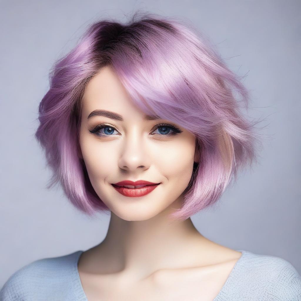 A young woman with a random haircut and any hair color, showcasing a trendy and stylish look