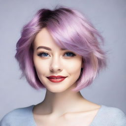 A young woman with a random haircut and any hair color, showcasing a trendy and stylish look