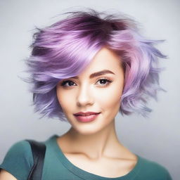 A young woman with a random haircut and any hair color, showcasing a trendy and stylish look