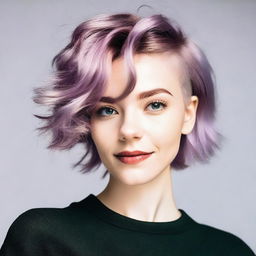 A young woman with a random haircut and any natural hair color, showcasing a trendy and stylish look