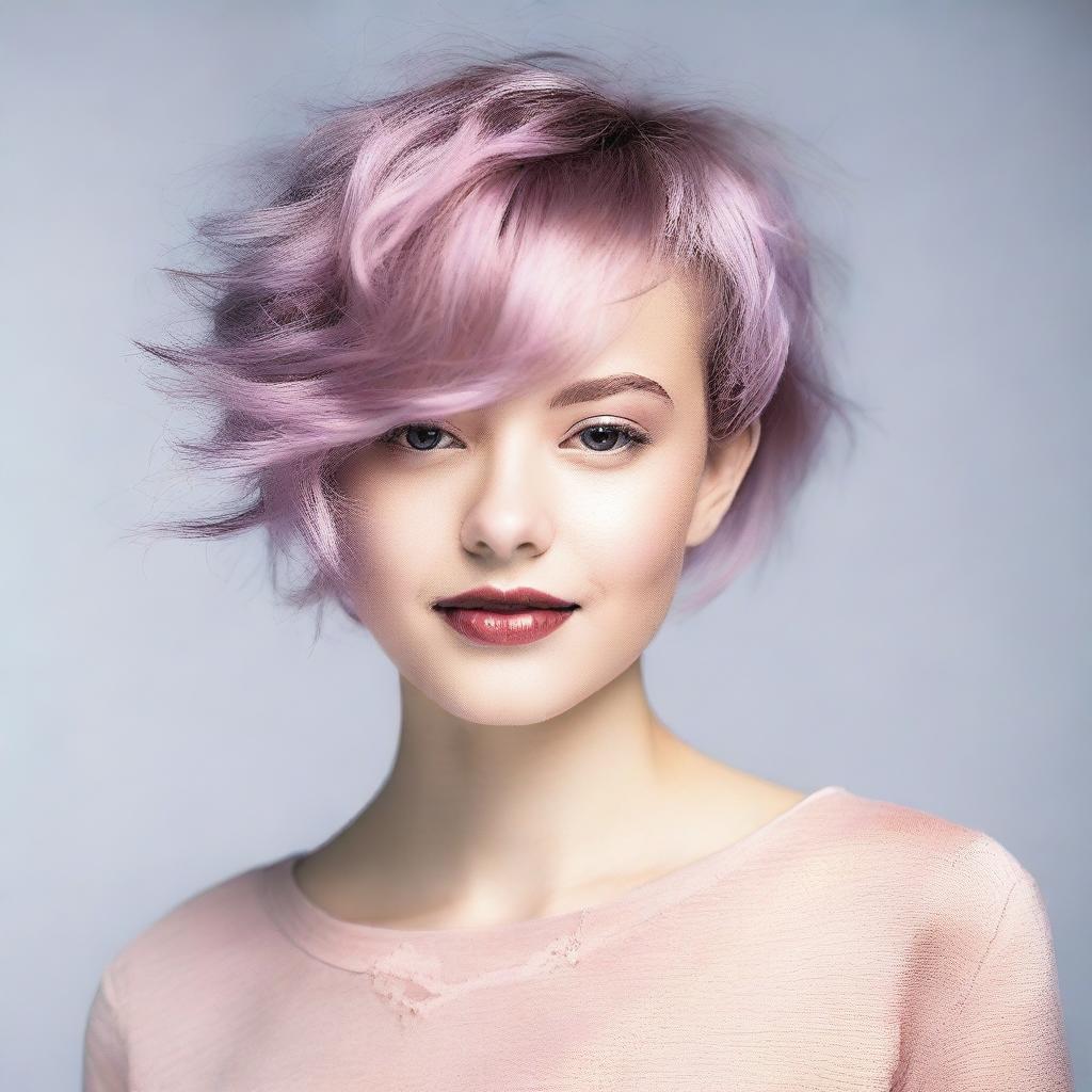 A young woman with a random haircut and any natural hair color, showcasing a trendy and stylish look