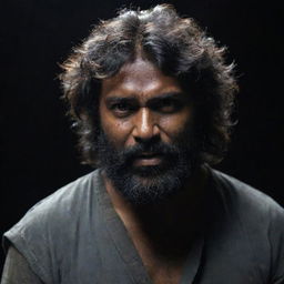 An Indian man with a dark complexion, thick, messy hair reaching down to his cheeks, and a beard, wielding two short axes in a dark, atmospheric setting.